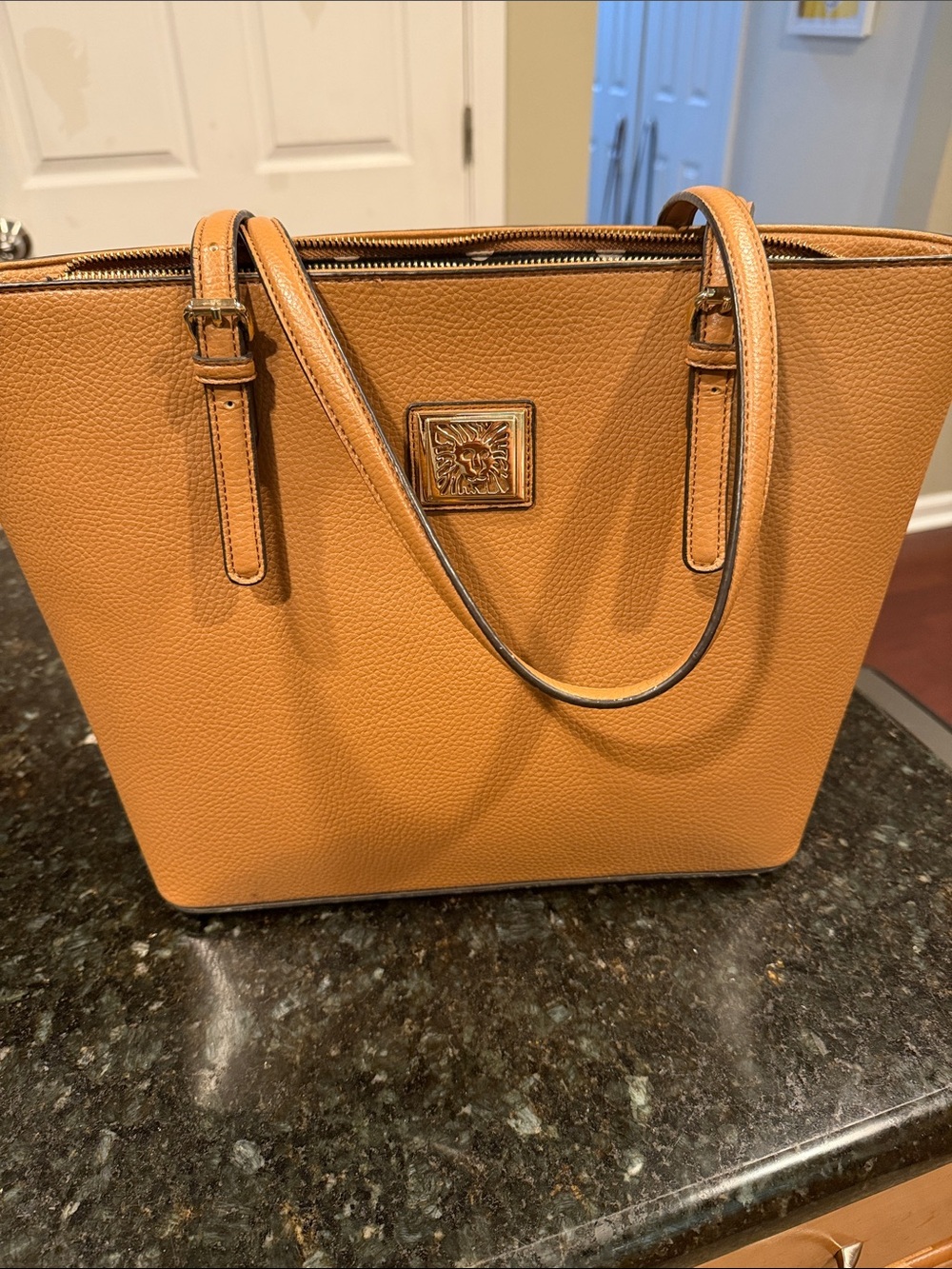 Women's Faux Leather Tote Bag in Tan - Branded Signature Emblem Anne Klein